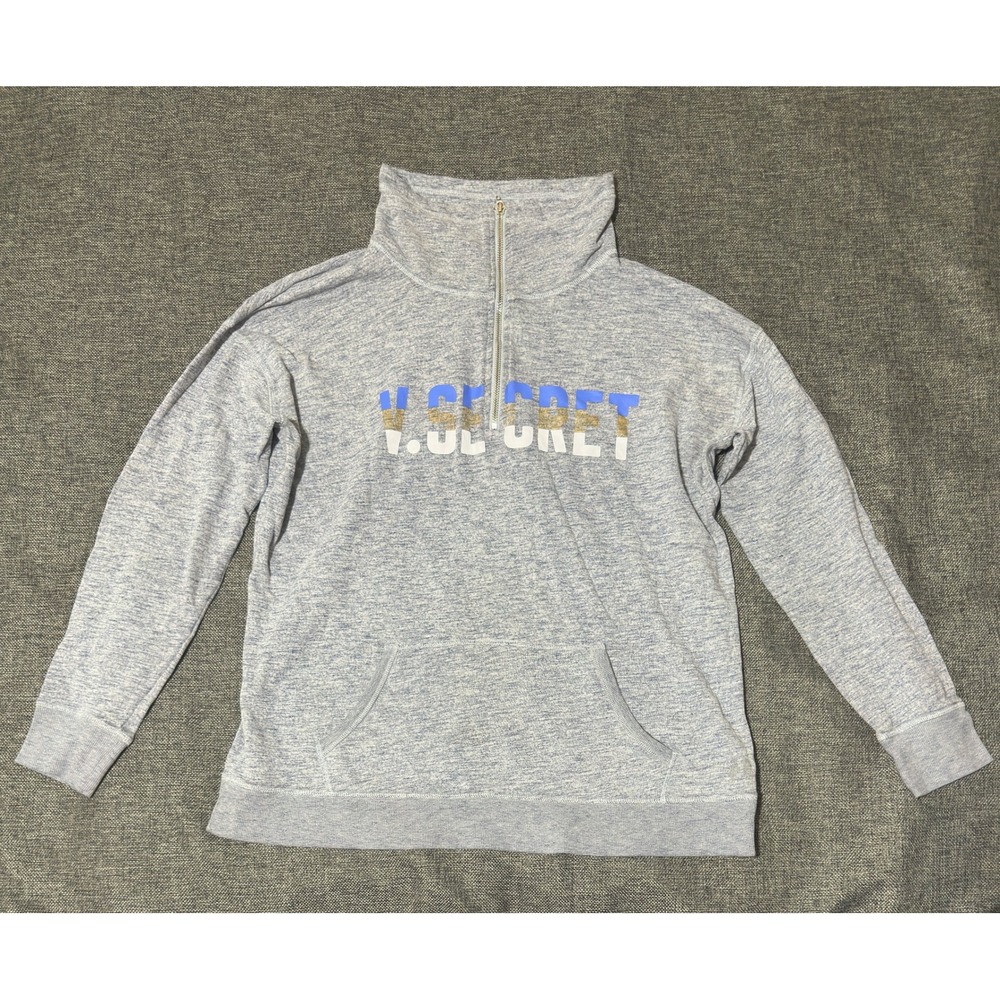 Victoria's Secret Women Large Quarter Zip Pullover Blue Heathered Logo